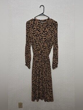 Leopard Print Long Sleeve Midi Dress - Brown/Black Button Front And Sinced Waist